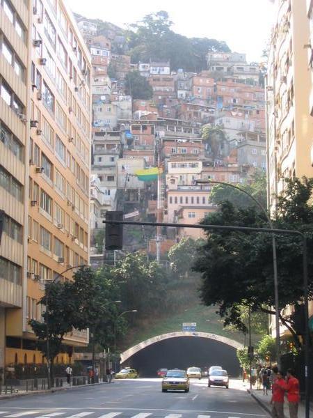 Favelas clinging to the hillside behind Copacabana