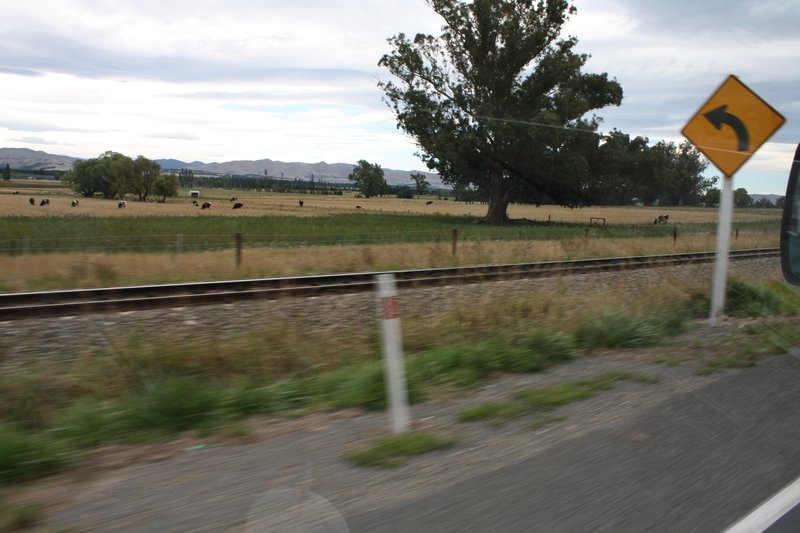 The single track railway line alongside the road