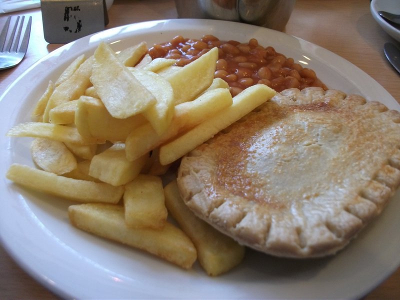 Pie, chips and beans