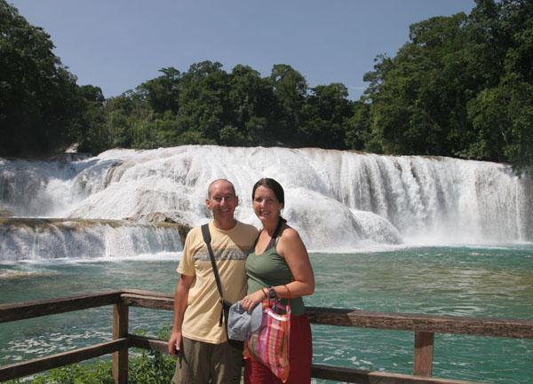 Posing by the gorgeous waterfalls of Agua Azul