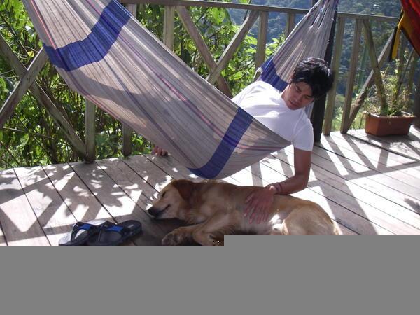 Ren with Wilson the dog - chilling in one of the Magic Roundabout´s many hammocks