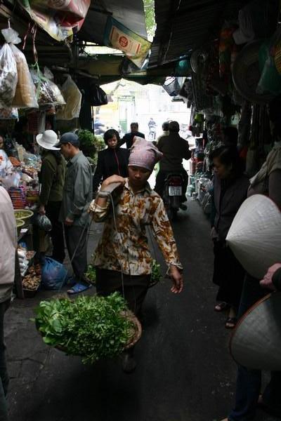 Market lady carrying herbs - Hanoi