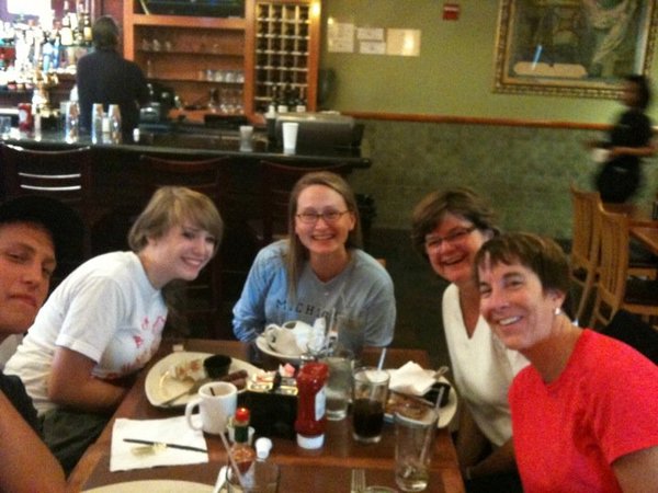 Nick, Carson, Jenna, Barb and Ellen having breakfast at Dulles, before the looong leg of their trip!