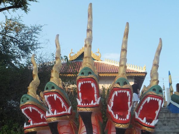 Dragons (or sea monsters?) decorating stairway at Black Pagoda