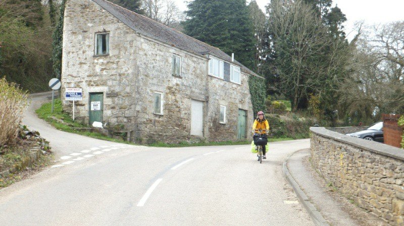 Biking into the town of Gweek