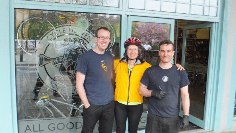 Kathy with staff at Cycle Heaven, York Station branch