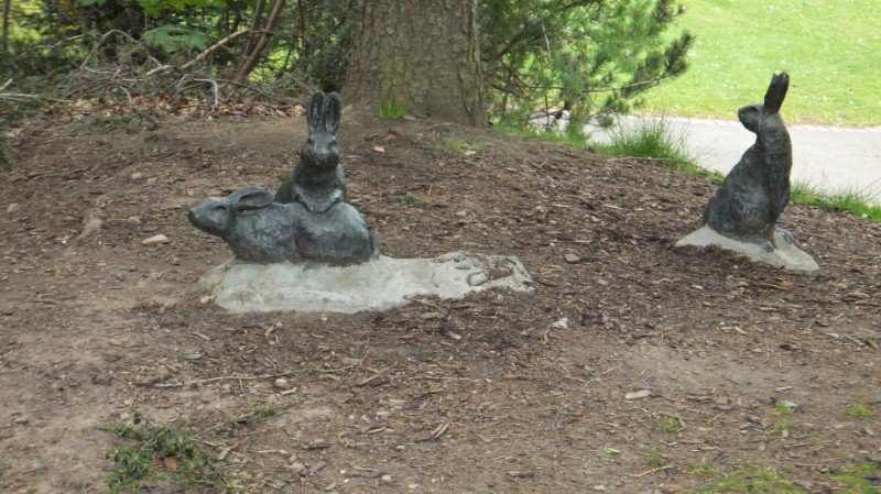 Rabbit sculptures at Beatrix Potter garden in Birnam