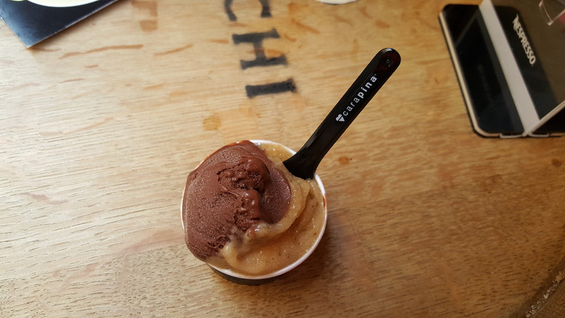 Pear and dark chocolate gelato combination from Carapina