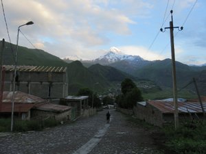 Setting off on hike, Mt Kazbeghi ahead