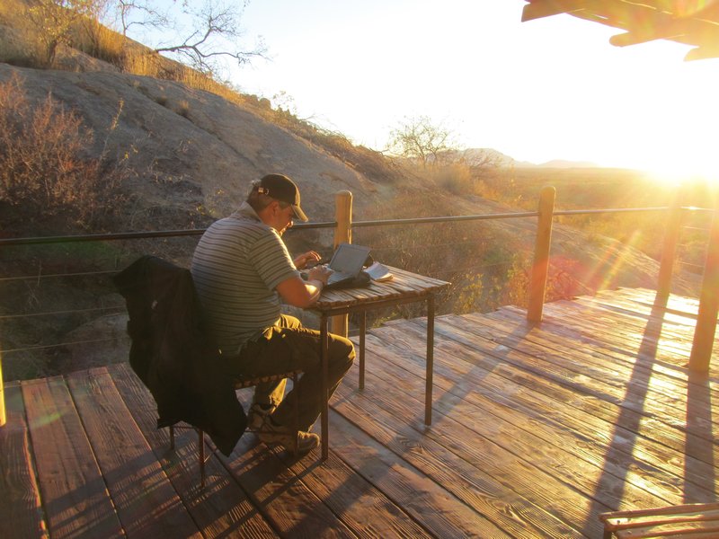 Blogging in the sunset on the terrace