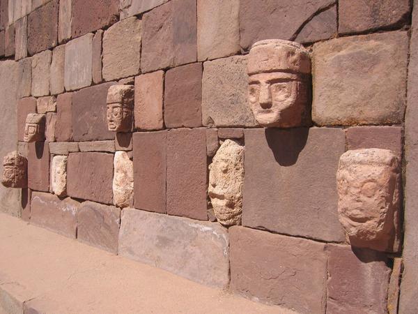 Stone faces at a temple in Tiwanaku