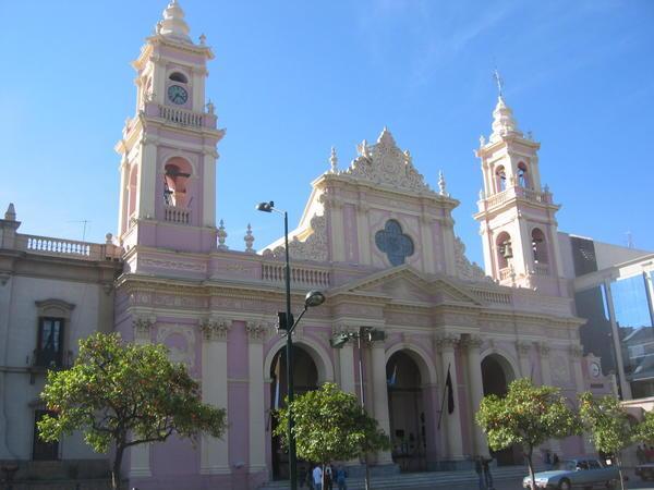 Salta's strange pink and cream cathedral