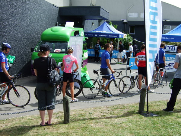 Competitors lining up to get their bikes checked the day before the race