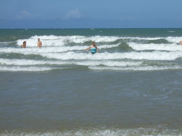 Just about managing to stay on my feet in the waves!