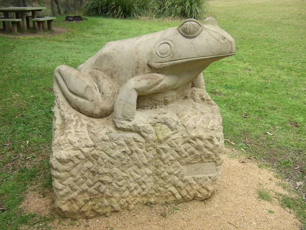 The sculpture of a Fleay's Barred Frog that we saw being made last year