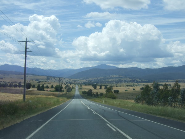 On the road towards the mountains with Mt Buller in the distance