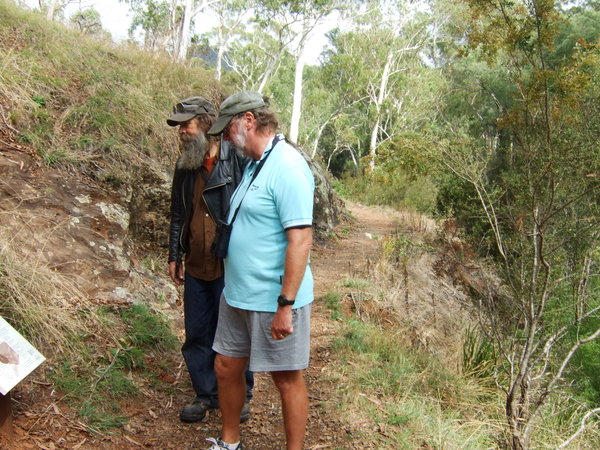 Tony and Graham check out an information board on Howqua Hills Heritage Track