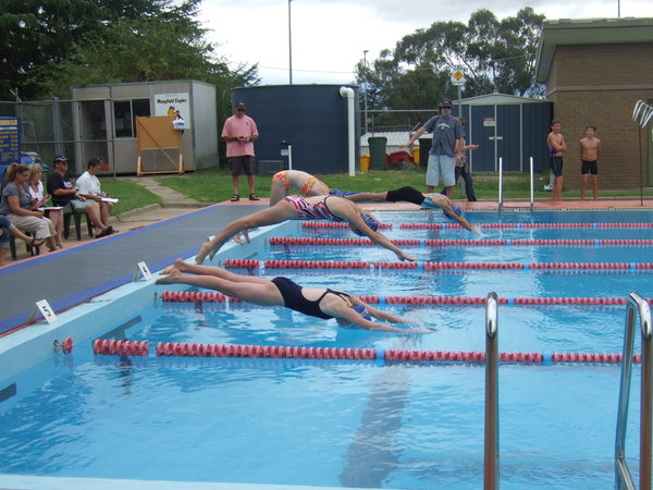 Zoe, second from left, dives in at the start of the Individual Medley