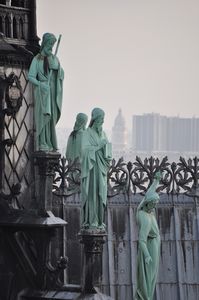 Bronze figures near the back tower