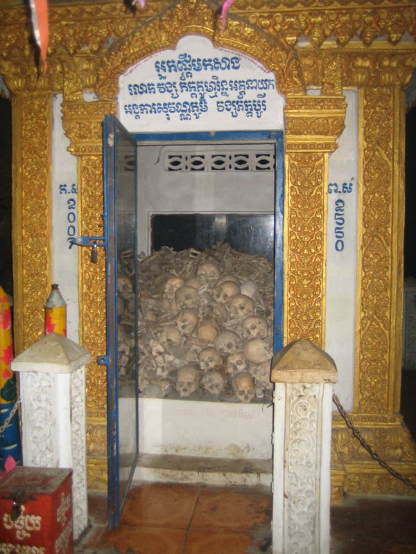 Skulls at the killing cave in Battambang. One of numerous shrines to the dead