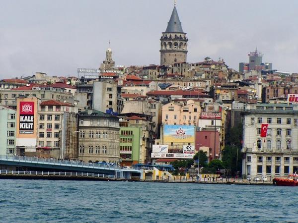 The Galata Tower (as in "The Galations") viewed across the Goldern Horn (which is a "finger" of water off the Bosphorous Straight)