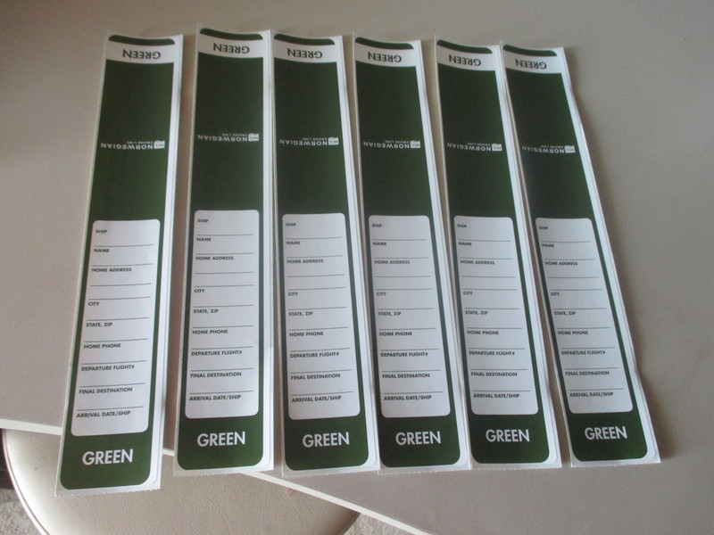 Tickets ready to get our luggage off in time on Friday - Green for the earliest possible time off the ship 