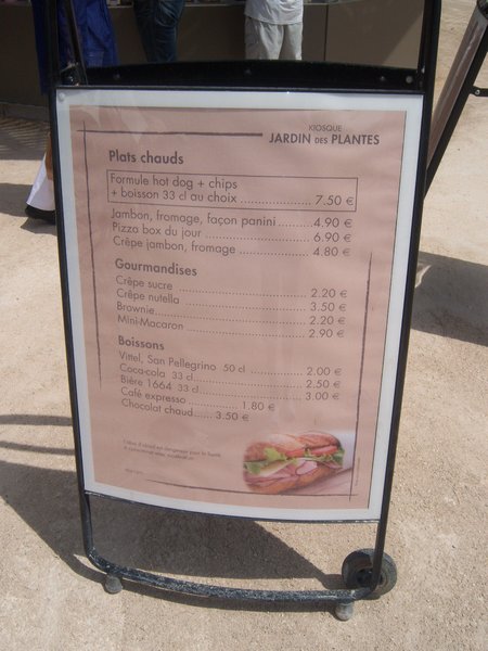 Our menu in the outdoor cafe at Jardin des Plantes