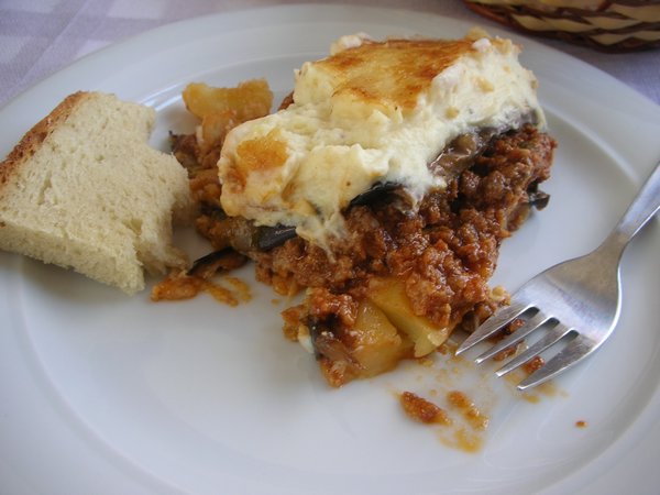 Yesterday's lunch- mousaka!! (layers of potatoes, tomato/meat sauce, and eggplant, covered in some creamy cheese stuff)