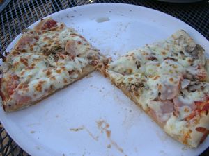 Our yummy Pizza. It was supposed to be ham and mushrooms, but came out with turkey instead. Different but still good.