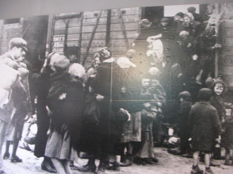 People exiting the train and arriving at Auschwitz. 