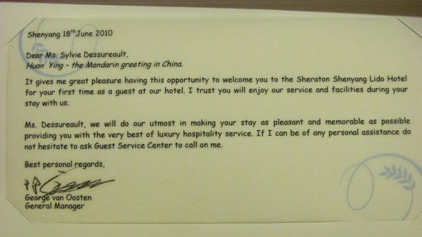 Welcome de l'hotel Sheraton de Shenyang