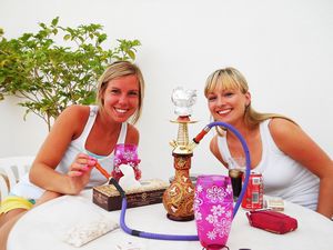 Claudia and Ashley (and shisha) on the patio at the hotel