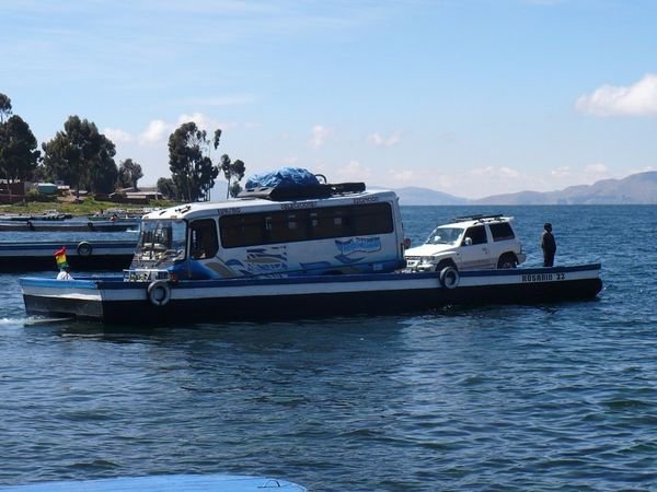 Bus crossing Lake Titicaca