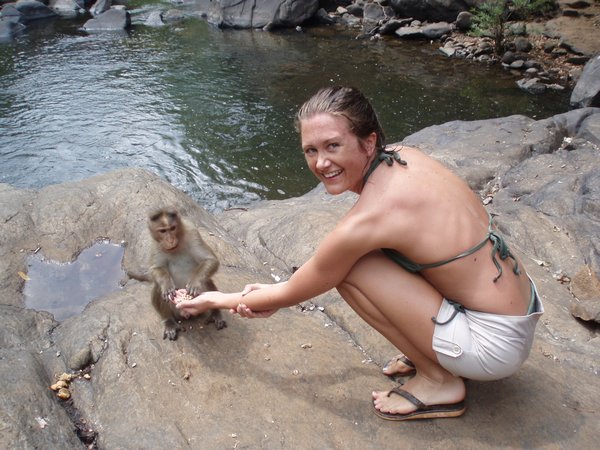 Nikki feeding a monkey
