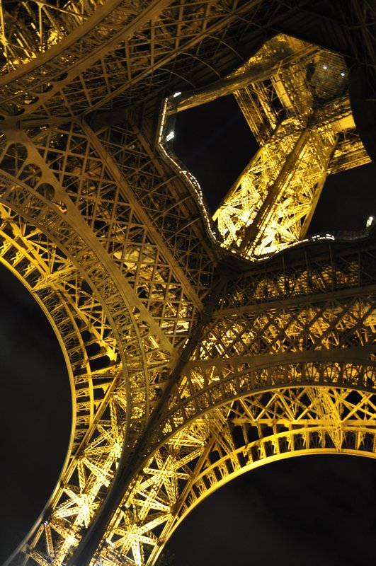 Looking up at the Eiffel Tower at night