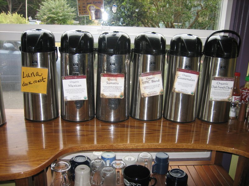 A selection of drip coffee at Beachcomber Cafe in Trinidad.
