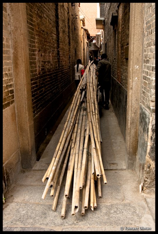 transporting bamboo through the alleys of the Water Village