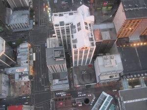 The view through the transparent floor at the top of the Sky Tower in Auckland