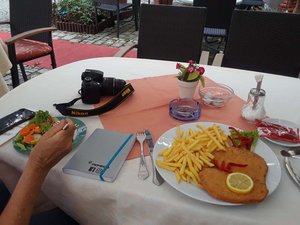 Our lunch at Cafe Gut, Schnitzel and Salat