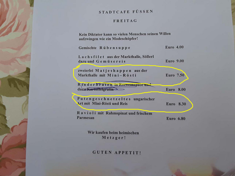 Lunch menu from Stadtcafe Fussen 