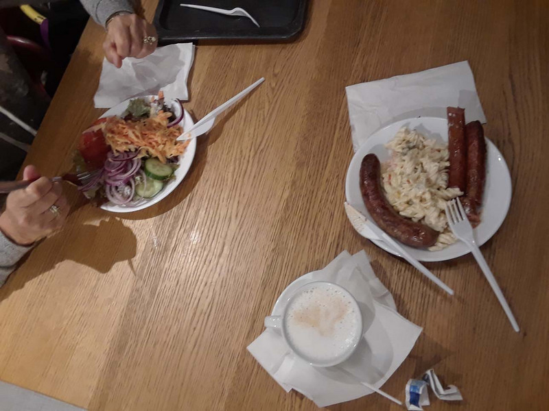 Our lunch at BurgerBaden; Salad and 2 kinds of wurst