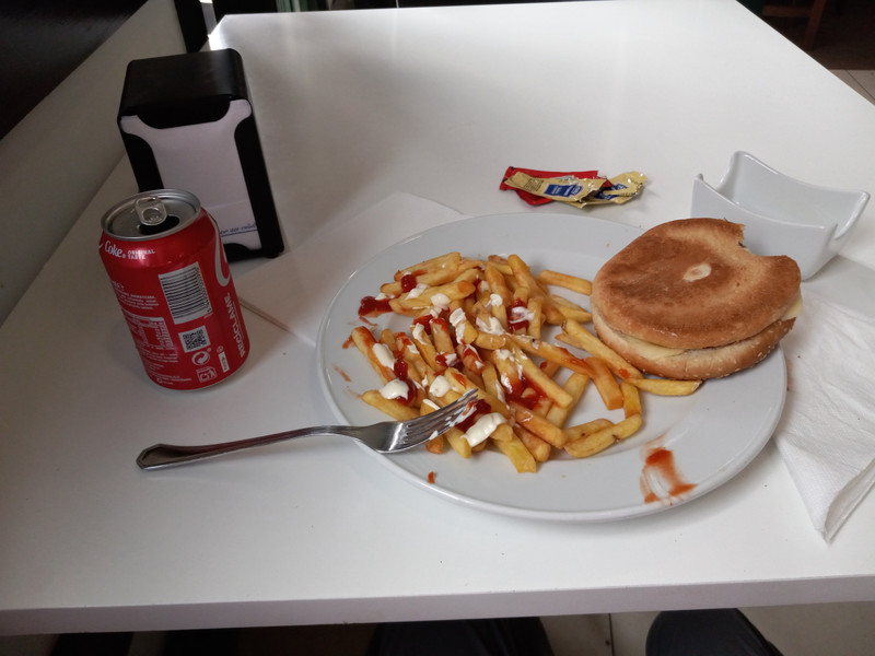 My hamburger and fries at the albergue