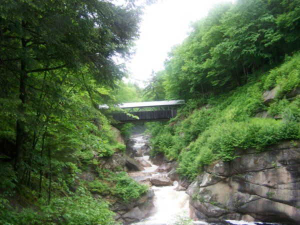 A covered walking bridge in the flume