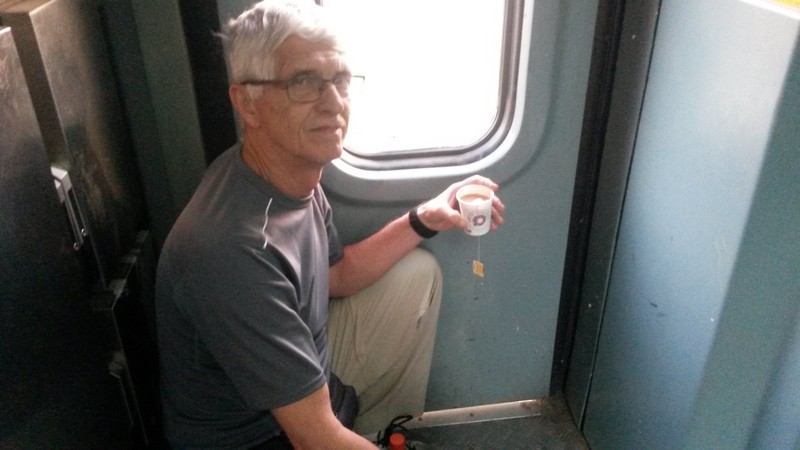 JC with chay on train close to Varanasi