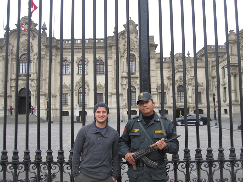 Scott and security guard in Lima Central- note the AK 47!