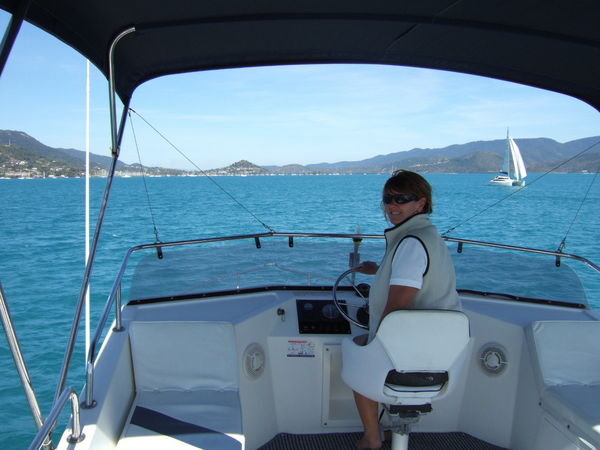 Skipper at the wheel of  "Mareta"