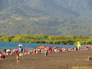 colorful, crowded summer beach