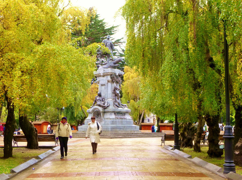 charming plaza with autumn-turning leaves