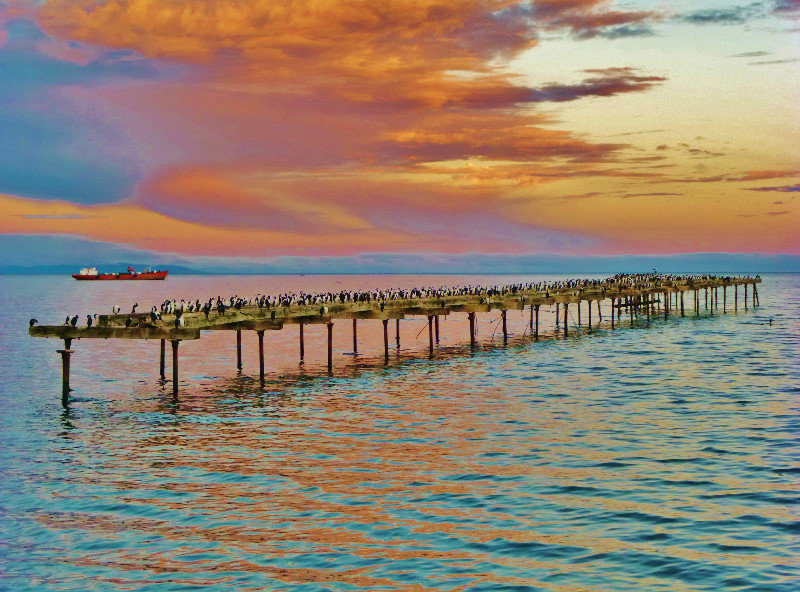 fiery sunset, cormorant pier