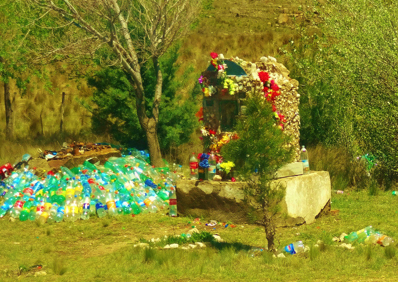 Difunta Correa Shrine--plastic water bottles, looking like litter